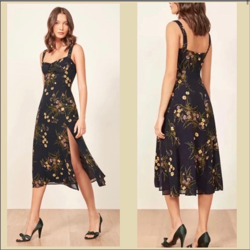 Reformation Mademoiselle Peridot Side Slit Dress size 0 in Navy